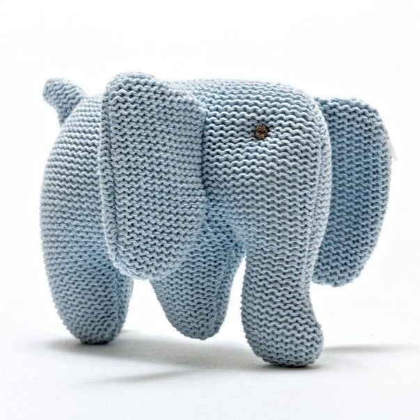 Organic Cotton Knitted Blue Elephant Soft Toy Baby Rattle