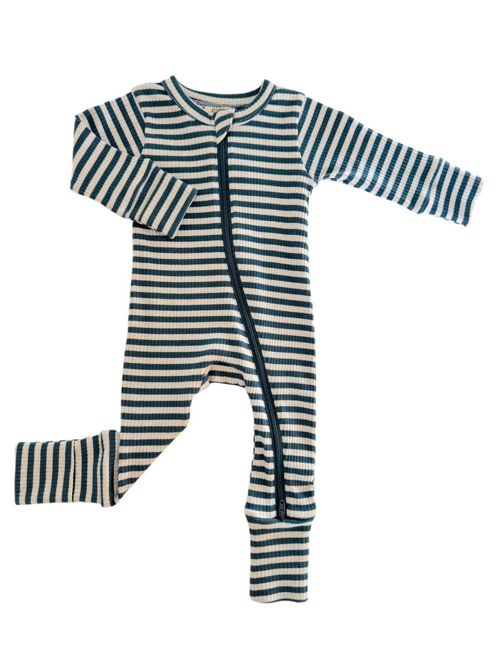 Steel Blue Stripe Ribbed 2-Way Zip Romper