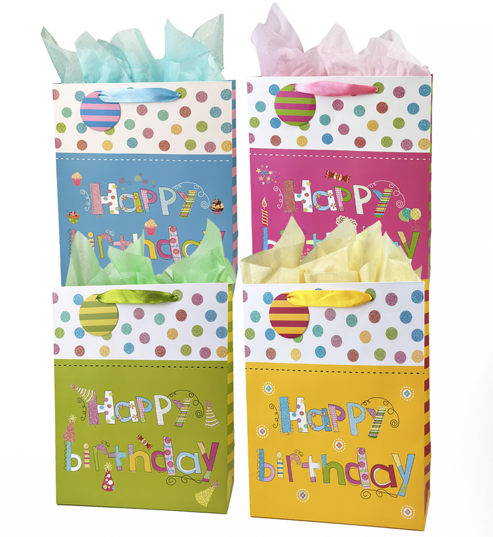 Happy Birthday Gift Bag - dot patterns, assort 4styles: X-Large