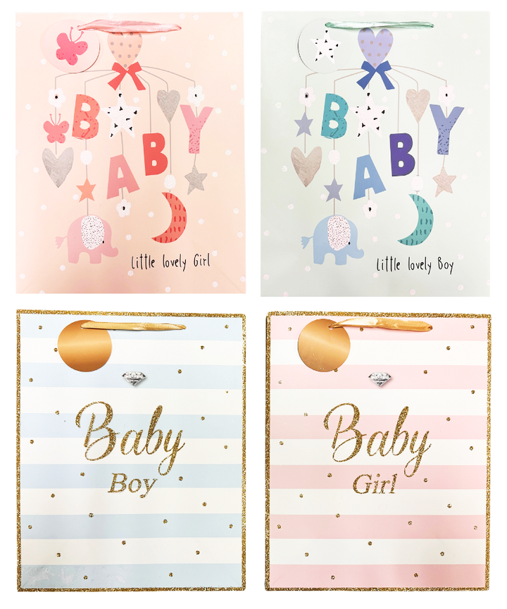 Baby Shower Bag - Baby Mobile & Stripes, glitter accents: Large