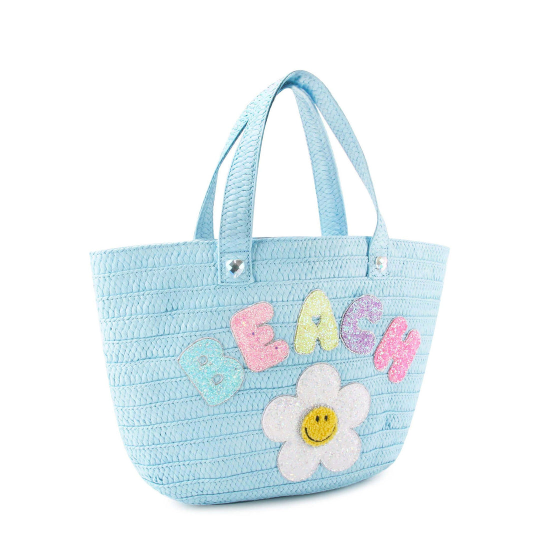 'Beach' Daisy Blue Straw Tote Bag
