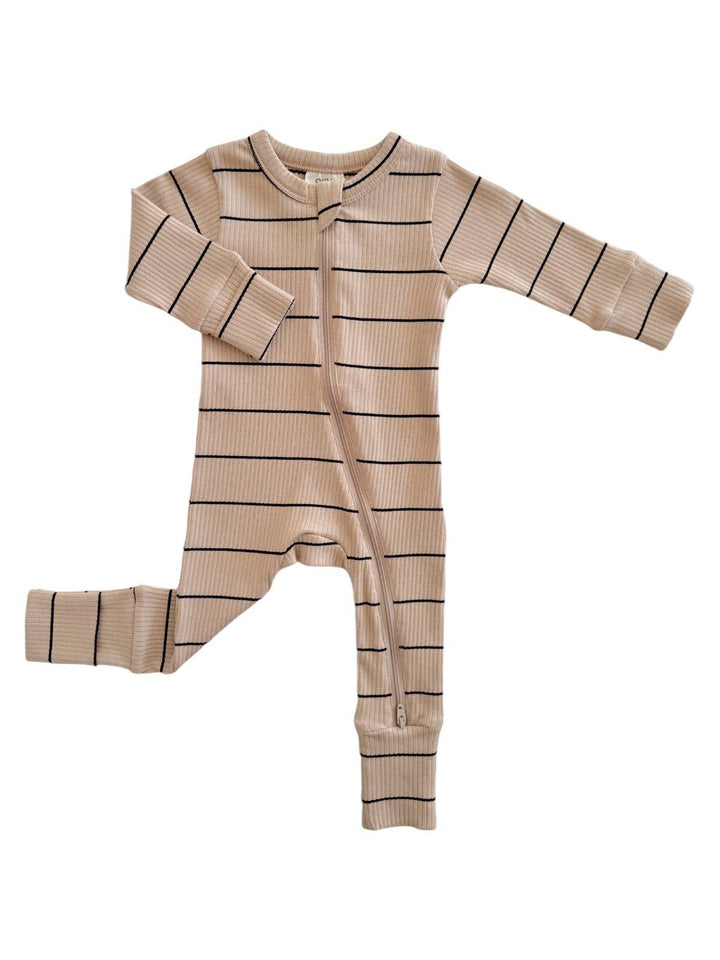 Tan/Black Stripe Ribbed 2-Way Zip Romper