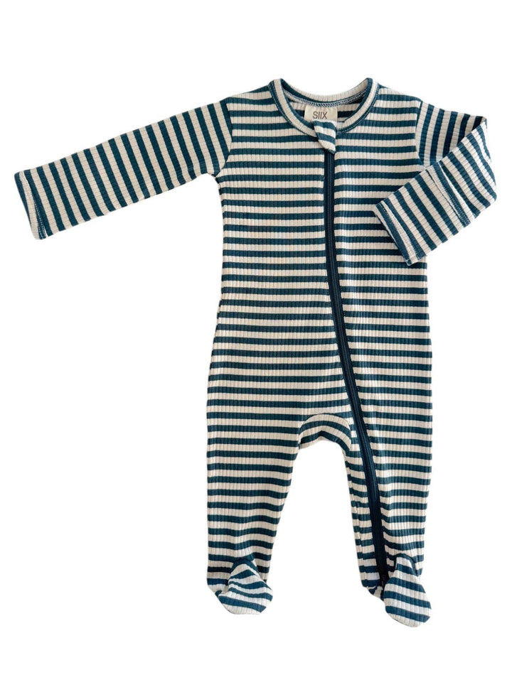 Steel Blue Stripe Ribbed Zip Footie