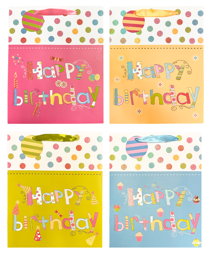 Happy Birthday Gift Bag - dot patterns, assort 4styles: X-Large