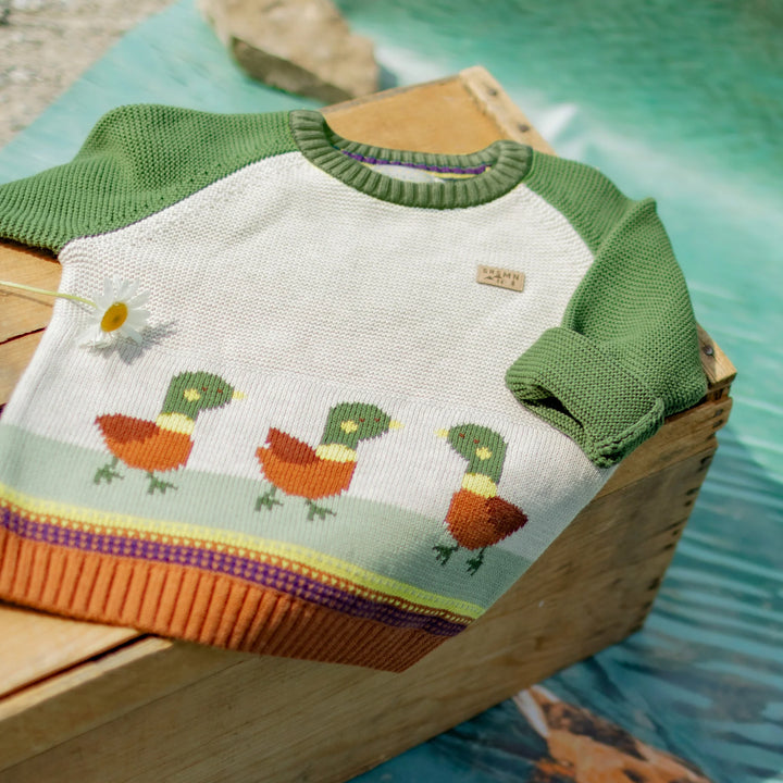 Green Knit Sweater-Duck Jacquard Pattern