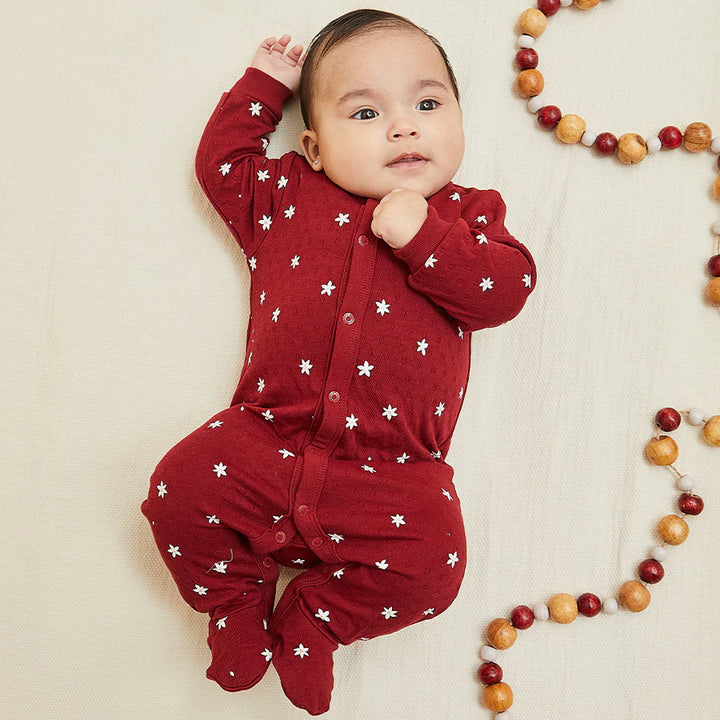 Poinsettia Print on Burgundy Pointelle Sleeper