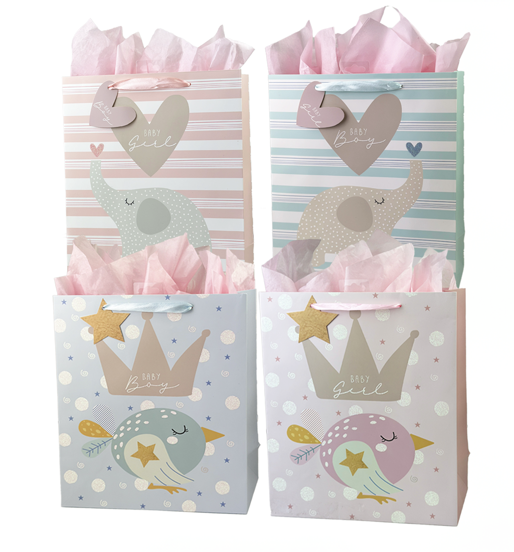 Baby Shower Gift Bag - bird/ elephant with patterns: Wide Jumbo