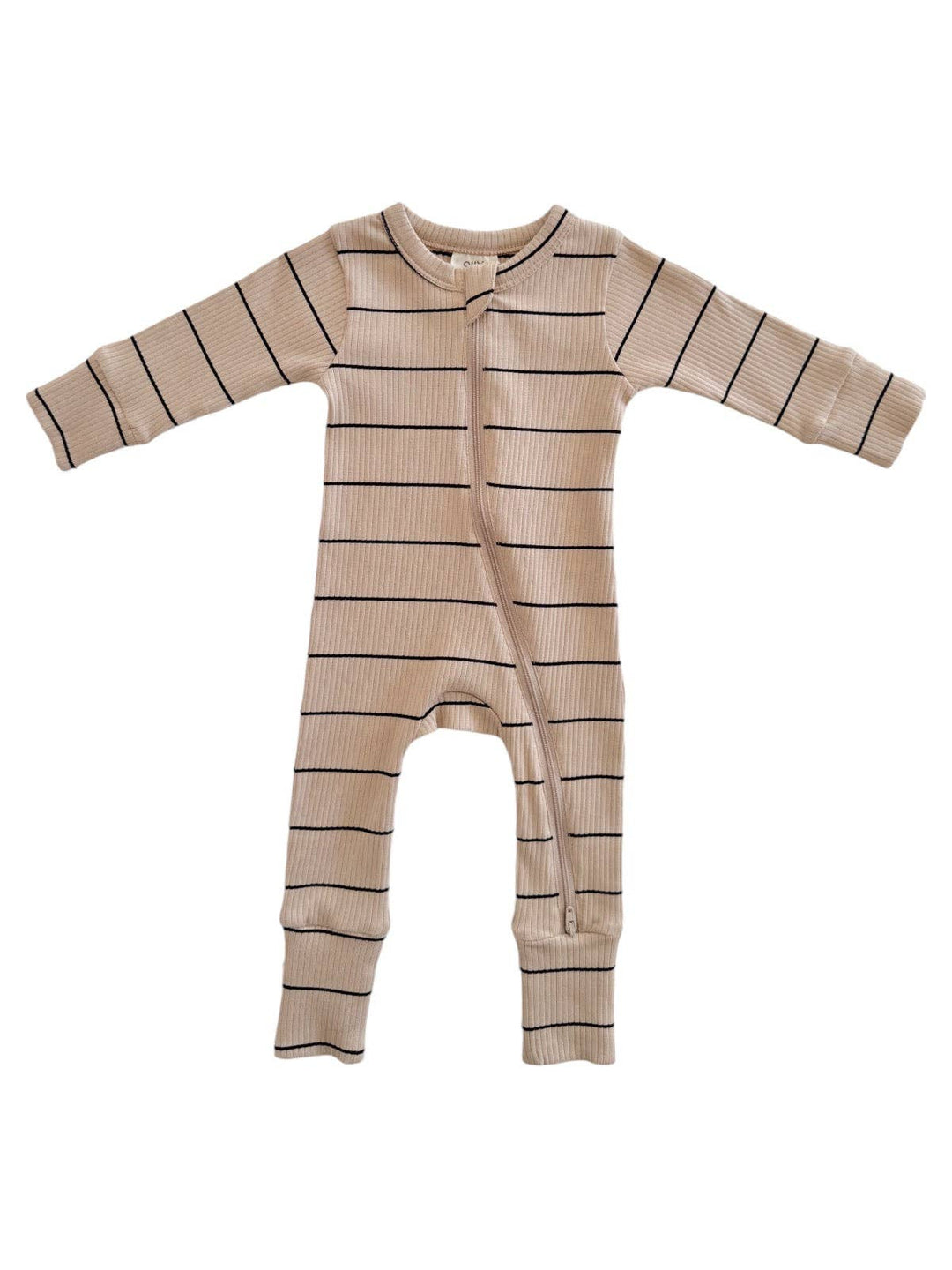 Tan/Black Stripe Ribbed 2-Way Zip Romper