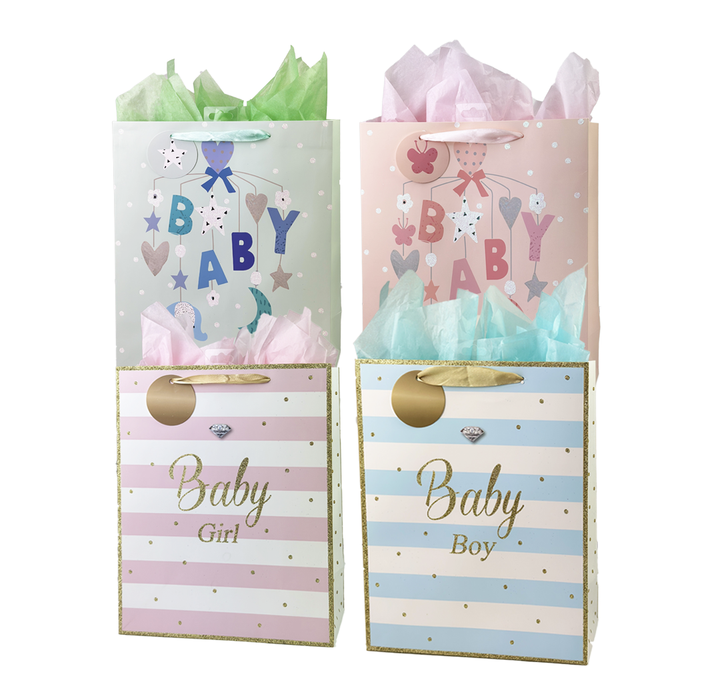 Baby Shower Bag - Baby Mobile & Stripes, glitter accents: Large