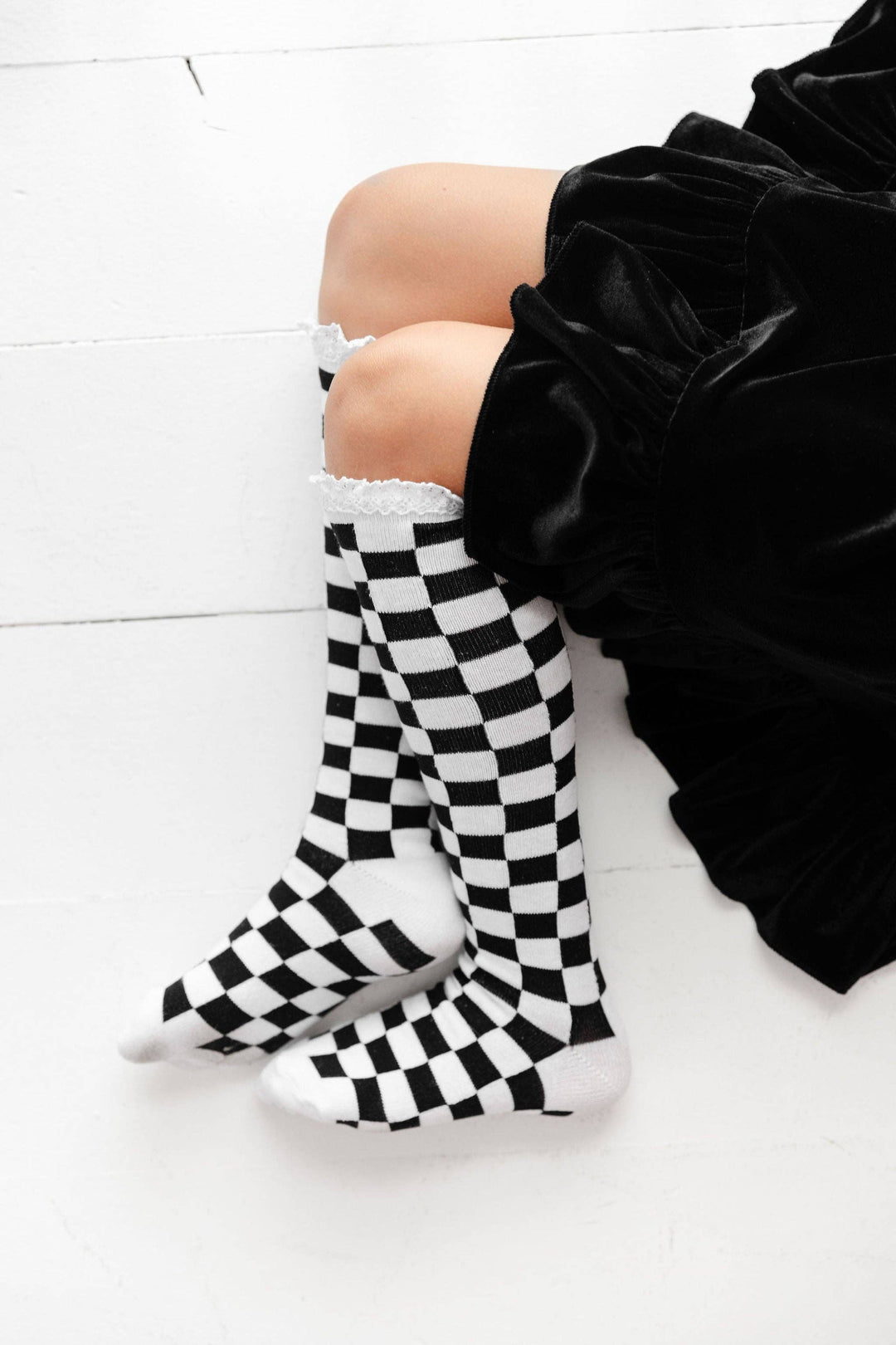 Checkered Lace Top Knee High Socks White/Black