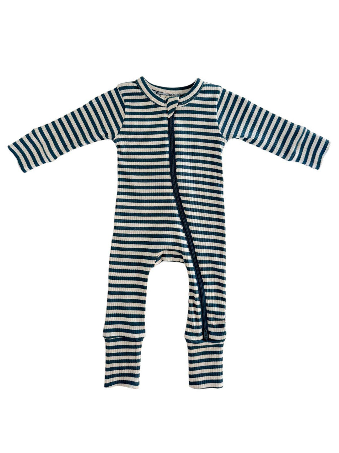 Steel Blue Stripe Ribbed 2-Way Zip Romper