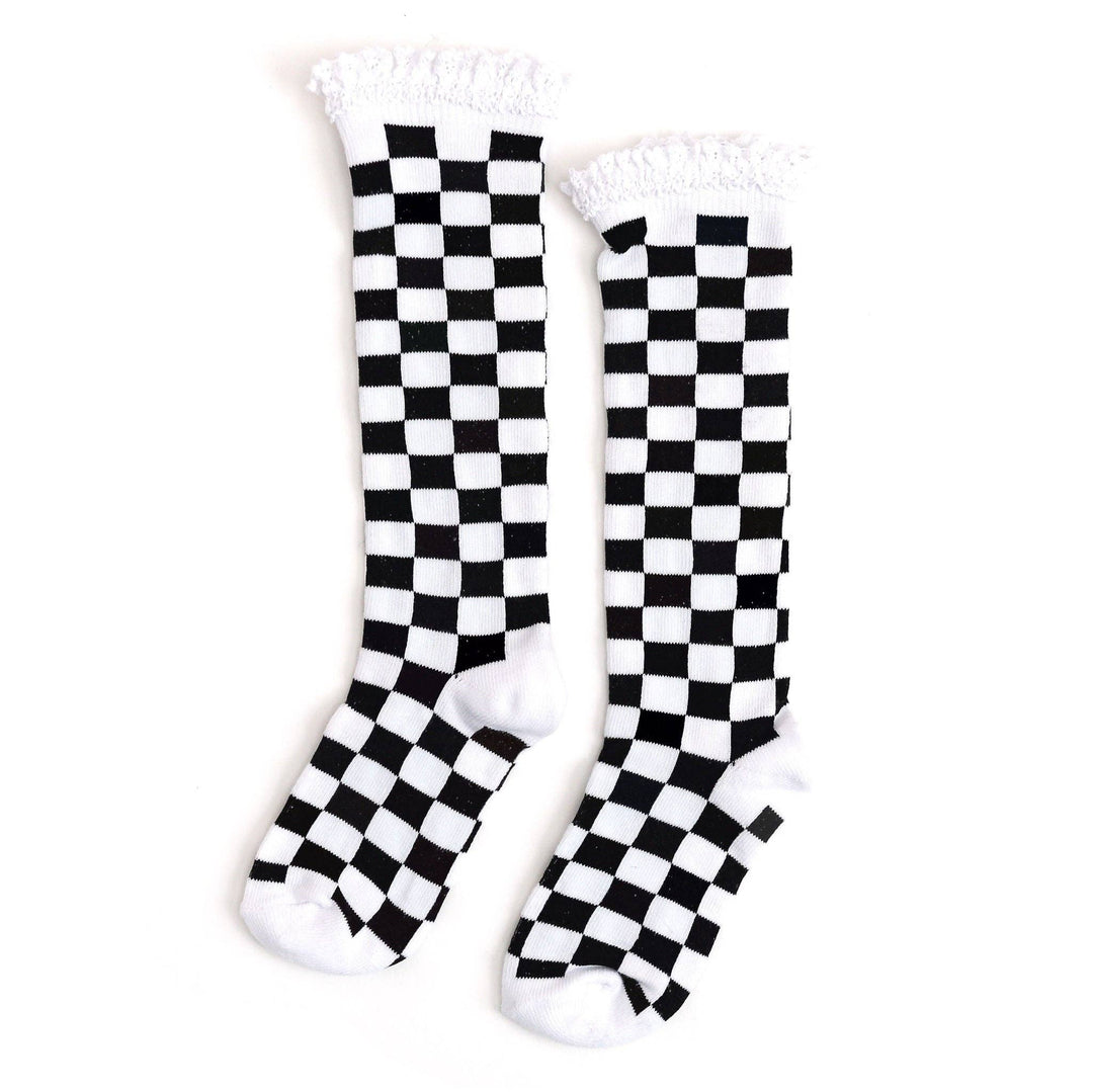 Checkered Lace Top Knee High Socks White/Black