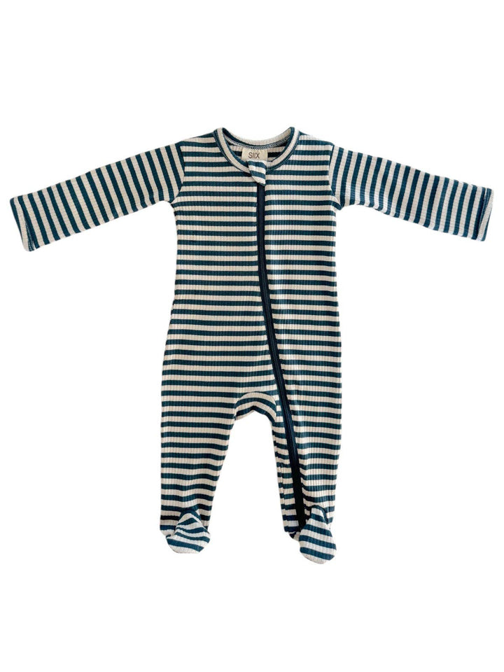 Steel Blue Stripe Ribbed Zip Footie